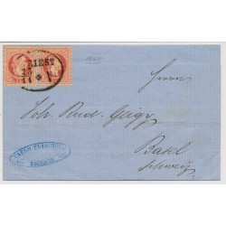 Österreich 1868 2*5kr, grober Drucks, AUSLANDS-Brief TRIEST (Kü) nach SCHWEIZ