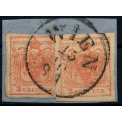 Österreich 1850 2*3kr auf Briefstück, MP, Type III. TREPPENFRANKATUR! WIEN.
