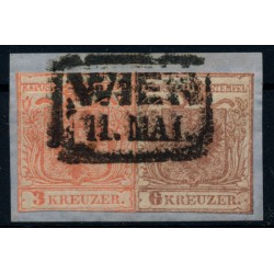 Österreich 1850 2-Fraben-Frankatur:3+6kr LILIPUTSCHNITT auf Briefstück! WIEN.
