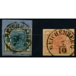 Österreich 1850 2Stk. Marke:9kr und 3kr, beide MP, Type III. REICHENBERG (B)