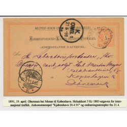 Österreich 1891 5kr UPU-Karte OBERMAIS/b.MERAN (Tirol) nach DÄNMARK!