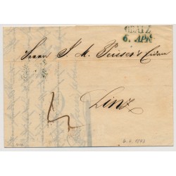 Österreich 1843 Brief (Inhalt) BLAUSTEMPEL GRATZ. R.s BLAUSTEMPEL LINZ.