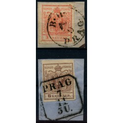 Österreich 1850 2Stk. Marke:3kr, und 6kr, Verschiedene PRAG (B) Stempeln