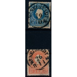 Österreich 1858 2Stk. 15kr und 5kr, ZENTRIERTE Stücke! Wr.NEUSTADT/B.H.