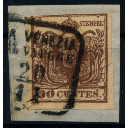 LOMB-VEN 1850 30C PAPIERFALTE! P.F.! SCHIFFSTEMPEL DA VENEZIA/COL VAPORE
