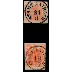 ÖSTERREICH 1850 2Stk.Marke:beide 3kr, verschiedene Farbtöne! STADT LAIBACH (Kr)