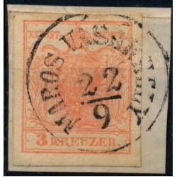 ÖSTERREICH 1850 3kr, PLATTENFEHLER:weißer Fleck im Wappen! MAROS VÁSÁRHELY (Sb)