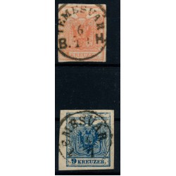 ÖSTERREICH 1850 2Stk.Marke:-3kr, und -9kr, Verschiedene TEMESVÁR (Tb) Schön!