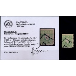 ÖSTERREICH 1858 3kr, HELLGRÜN! Schöne Farbe! PAPIERKORN! Kw:220,-€! WIEN. VÖB!