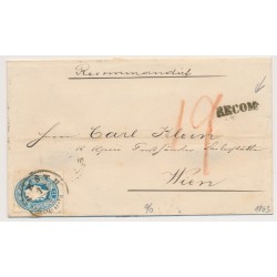 ÖSTERREICH 1863 15kr+10kr REKO-Brief mit PESTH/Abends Stempel nach WIEN. RECOM