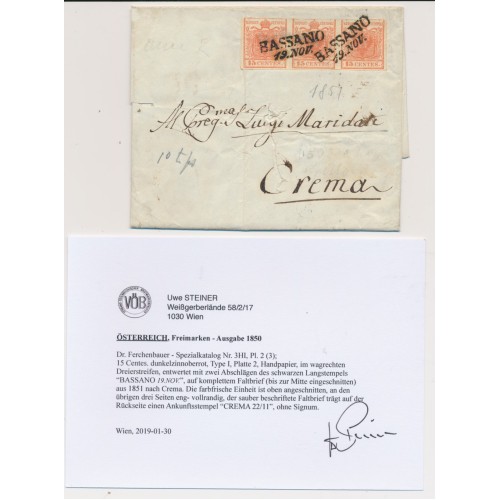 LOMBARDEI-VENETIEN 1851 3*15C, 3-STREIFEN! Kw:950,-€! Brief, BASSANO nach CREMA