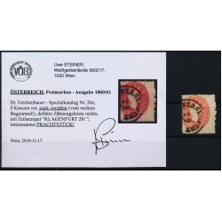 ÖSTERREICH 1861 5kr, stark verzähnt! (vom rechten Bogenrand!) KLAGENFURT (K) VÖB