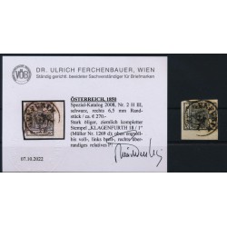 ÖSTERREICH 1850 2kr, schwarz, HP, Type III. RAND:6,5mm! KLAGENFURTH (K) VÖB! P!