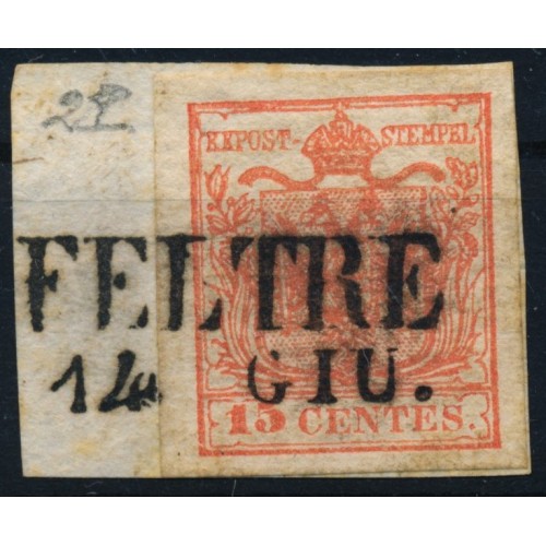 LOMBARDEI-VENETIEN 1850 15C, HP, Type III. FELTRE. Schön!
