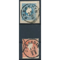 ÖSTERREICH 1858 2Stk.Marke:15kr und 5kr, beide Type II. SZEGEDIN (Ungarn) Schön!