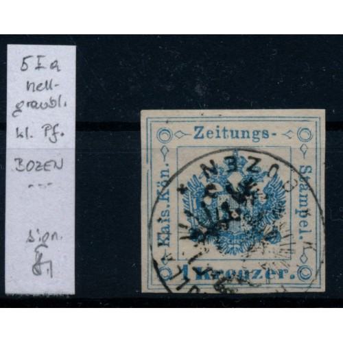 ÖSTERREICH 1kr, HELLGRAUBLAU! Zeitungsstempelmarke, Type I.a, BOZEN (Tirol) Sig.