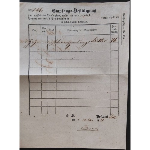 ÖSTERREICH 1851 Empfrang-Bestätigung. Schön!