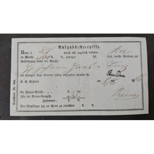 ÖSTERREICH 1860 AUFGABS-RECEPISSE aus GMUNDEN (Oö) Schön!