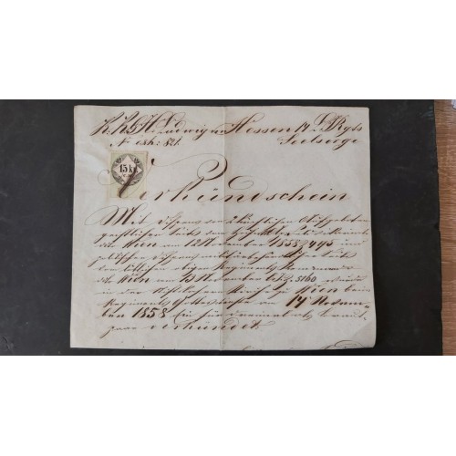 ÖSTERREICH 1858 15kr, C.M. Stempelmarke auf DOKUMENT (Inhalt) VERKÜNDSCHEIN!
