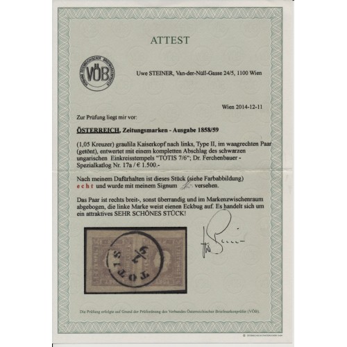 Österreich 1858/59 Zeitungsmarken PAAR! GRAULILA! TOTIS, Kw:1500,-€ VÖB! P!
