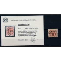 ÖSTERREICH 1850 3kr, rot, HP, Type III.a, VELDES (Kr) Mü:20P! VÖB! P!