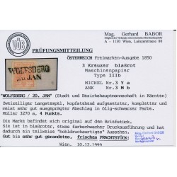 ÖSTERREICH 1850 3kr, BLAßROT! MP, Type III.b, HOHLDRUCK! WOLFSBERG (K) VÖB