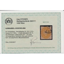 LOMBARDEI-VENETIEN 1863 2sld. DUNKELGELB, ANK 14b, Bz14, TREVISO. Kw:210,-! VÖB