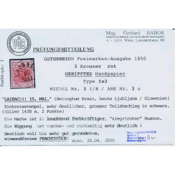 ÖSTERREICH 1850 3kr, rot! HP, Type I.a3, GERIPPTES PAPIER! LAIBACH (Kr) VÖB