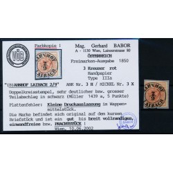 ÖSTERREICH 1850 3kr ROT! HP Type III.a, PLATTENFEHLER! BAHNHOF LAIBACH (Kr) VÖB