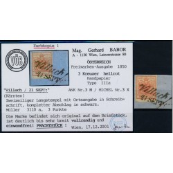 ÖSTERREICH 1850 3kr, HELLROT! HP, Type III.a, VILLACH (K) BABOR Befund! P!