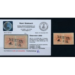 ÖSTERREICH 1850 2*3kr, BLASSKARMINROSA! Wz! WURZEN (Kr) Mü:20P! STRAKOSCH Bef.