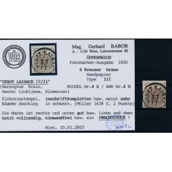 ÖSTERREICH 1850 6kr, BRAUN! HP, Type III. STADT LAIBACH (Kr) BABOR Befund! P!