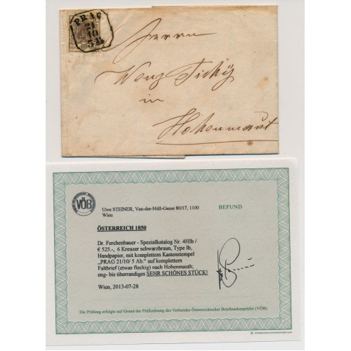 Österreich 1851 6kr, SCHWARZBRAUN! P.F.! Kw:525,-€! Brief (Inhalt) PRAG. VÖB!