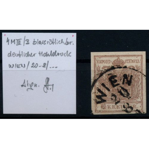 Österreich 1850 6kr BLASSRÖTHLICHBRAUN! DEUTHLICHER HOHLDRUCK! WIEN STRAKOSCH s