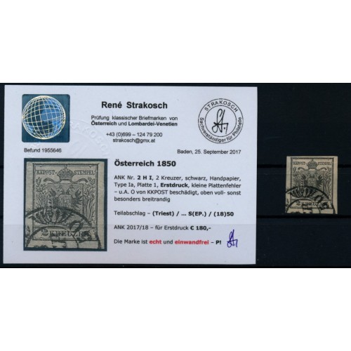 Österreich 1850 2kr, schwarz, HP, Type I.a, Platte 1, ERSTDRUCK! PLATTENFEHLER! Kw:180,-€! TRIEST (Kü) STRAKOSCH Befund!