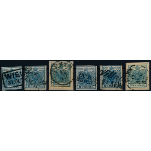 Österreich 1850 6Stk. Marken! Alle 9kr, HP, Type II. VERSCHIEDENE FARBTÖNE!