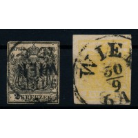 Österreich 1850 2stk. Marke: 1kr zitronengelb, und 2kr, tiefschwarz!  mit WIEN Stempel.