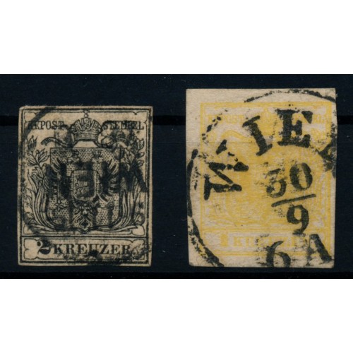 Österreich 1850 2stk. Marke: 1kr zitronengelb, und 2kr, tiefschwarz!  mit WIEN Stempel.