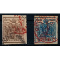 Österreich 1850 2Stk. Marke: 6kr und 9kr mit ROTSTEMPEL RECOMMANDIRT/WIEN. Schön!