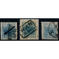 Österreich 1850 3Stk. Marke! Alle 9kr, mit PLATTENFEHLERN! Interessantes Lot!