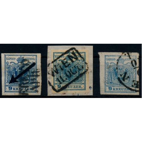 Österreich 1850 3Stk. Marke! Alle 9kr, mit PLATTENFEHLERN! Interessantes Lot!