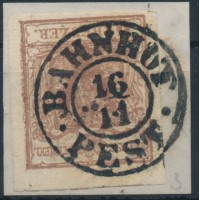 ÖSTERREICH 1850 6kr, HP, Type I. RANDDRUCK! ÜBERFÄRBTER DRUCK! BAHNHOF/PEST 12P!