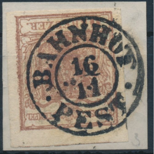ÖSTERREICH 1850 6kr, HP, Type I. RANDDRUCK! ÜBERFÄRBTER DRUCK! BAHNHOF/PEST 12P!