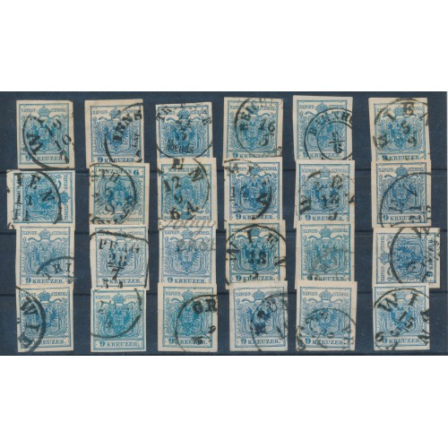 ÖSTERREICH 1850 24Stk.Marken! 9kr MASCHIENENPAPIERE! Schöne Farben/FARBVARIANTE!