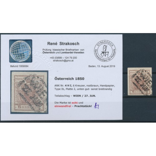 ÖSTERREICH 1850 6kr, ROSTBRAUN! HP, Type I.b, UNTERLEGTE MITTE! WIEN. Befund! P!