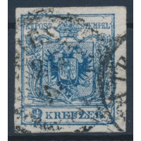 ÖSTERREICH 1850 9kr, HP, Type III. gut.breitrandig. PAPIERFALTE! Schön!
