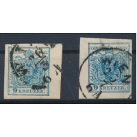 ÖSTERREICH 1850 2Stk.Marke:beide 9kr, MP, Type III. RANDSTÜCKE! WIEN.
