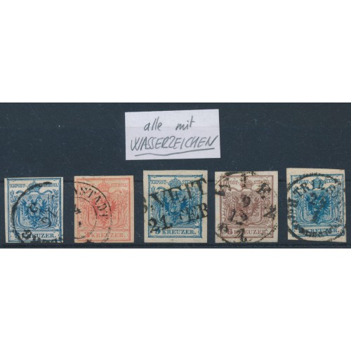 ÖSTERREICH 1850 5Stk.Marken! Alle HANDPAPIERE mit WASSERZEICHEN! Interessant! ÖSTERREICH 1850 5Stk.Marken! Alle HANDPAPIERE mit WASSERZEICHEN! Interessant!