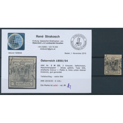 ÖSTERREICH 1850 2kr, TIEFSCHWARZ! MP, Type III.b, Platte A, Kw:130,-€ Befund! P!