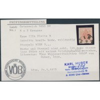 ÖSTERREICH 1850 3kr, MP, Type III.a, Platte B, WIEN. KARL HUBER Befund!
